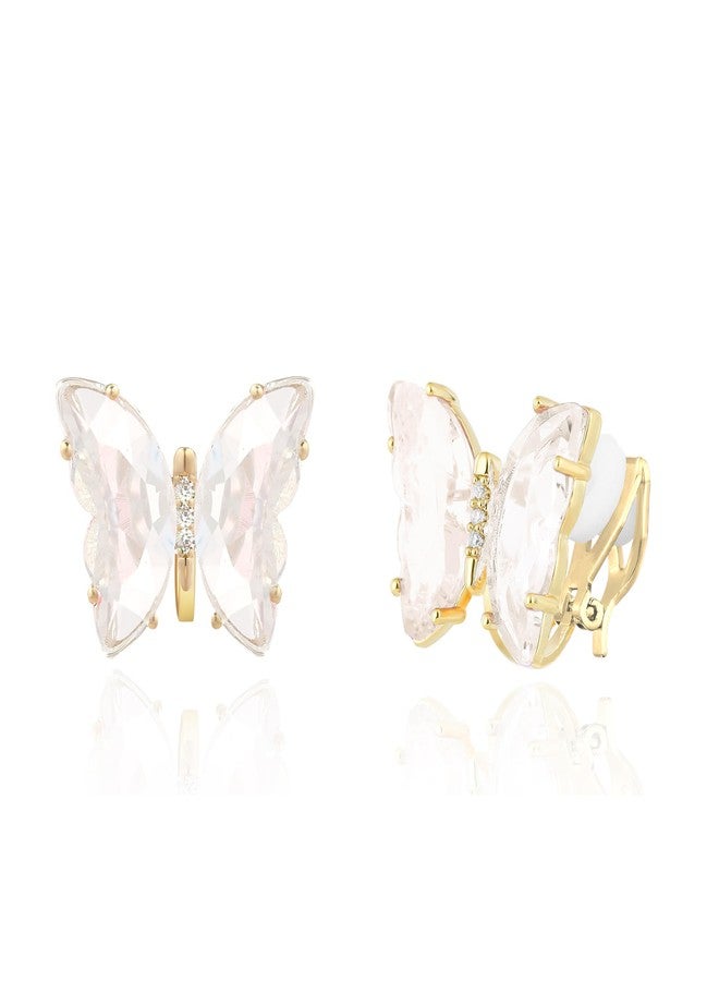 YOQUCOL Butterfly Shape Transparent Crystal Clip On Earrings Non Pierced Golden Stud for Women - Image 1